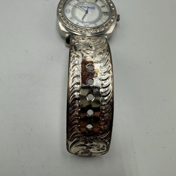 Montana Time Watch Women Silver Tone Mother of Pearl Dial Scroll Design Band - Picture 4 of 14
